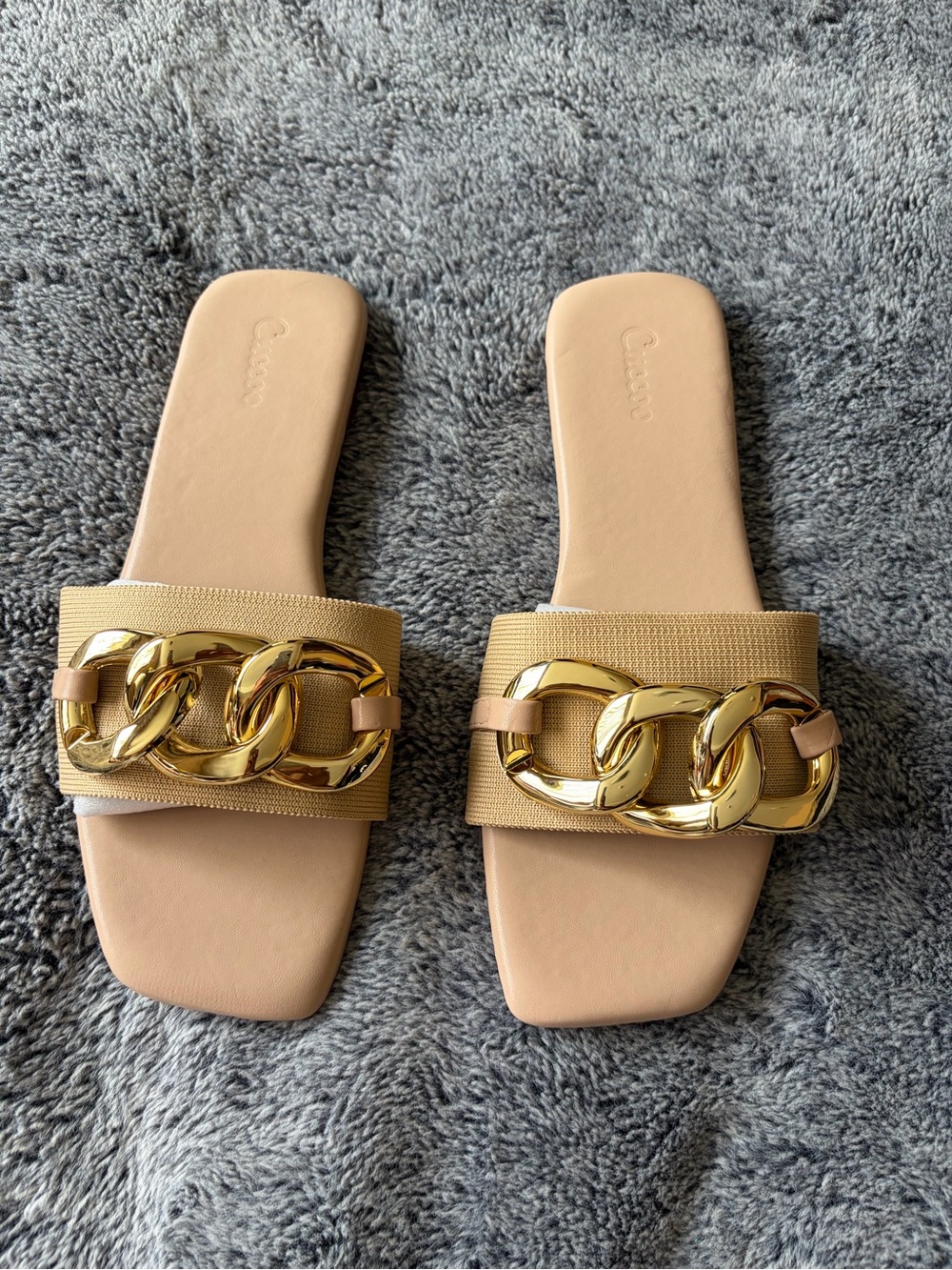 Neutral Beige Slide Sandals with Gold Chain Accent
